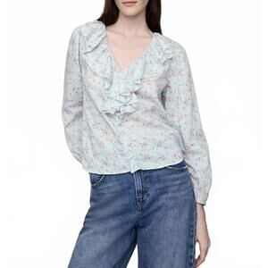 Gap Cotton Ruffle V-Neck Shirt Blue & Pink Floral NWT XXL